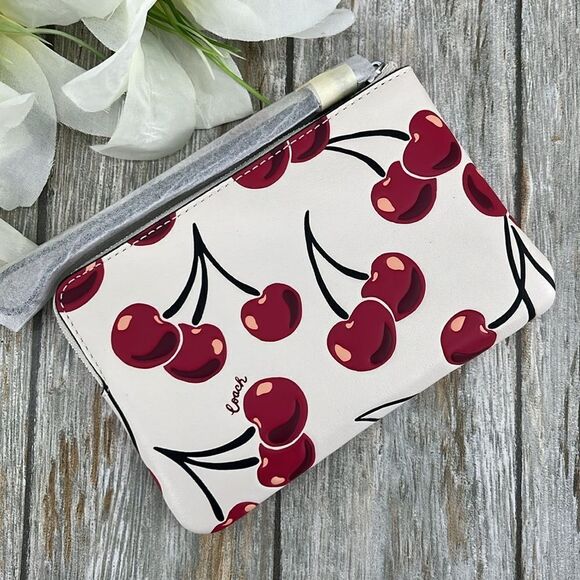 Coach Corner Zip Wristlet With Cherry Print Leather Wallet Bag Purse - Picture 4 of 7